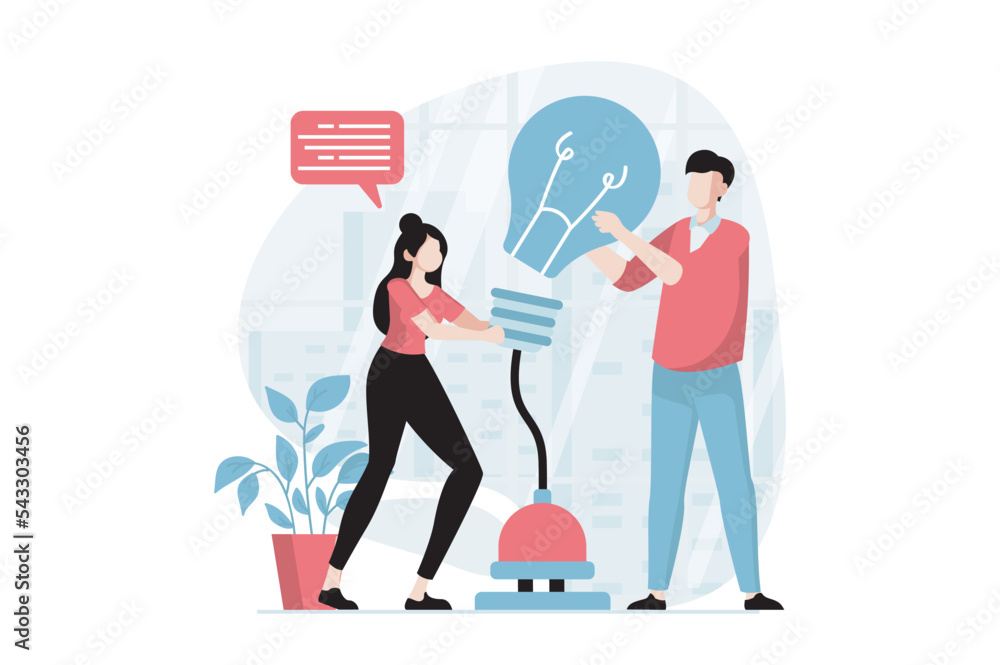 Poster Teamwork concept with people scene in flat design. Man and woman find new business solutions and innovations, generate ideas and brainstorming. Vector illustration with character situation for web