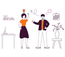 People talking and thinking.Man and woman talk.Businessmen discuss social network.Brainstorm doodle hand drawn elements.Light bulb with concept of new idea.Man holding up his index finger.