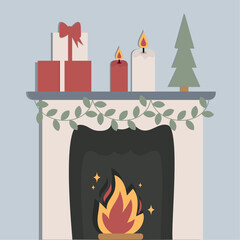Christmas, fireplace, vector, illustration, Christmas tree, gifts, candles, fire, garland, light, cozy, New Year, green, red, white, for print, gift card, textile, presentations, stationery
