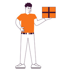 Man holding a package box.Delivery man.A postman with a box.Outline vector illustration.Isolated on white background.
