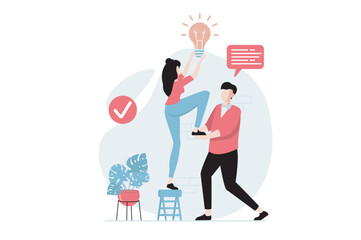 Teamwork concept with people scene in flat design. Woman innovate new solutions and man supports her, colleagues collaborate and complete tasks. Vector illustration with character situation for web