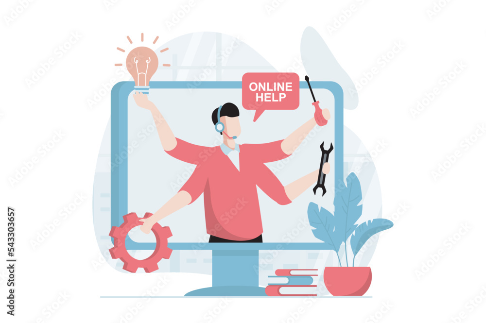 Aufkleber Technical support concept with people scene in flat design. Man in headset with tools helping to solve problems with computers and repairs online. Vector illustration with character situation for web