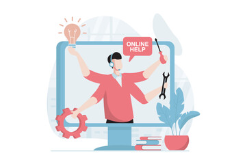 Technical support concept with people scene in flat design. Man in headset with tools helping to solve problems with computers and repairs online. Vector illustration with character situation for web