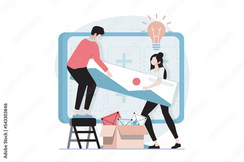 Poster UI and UX design concept with people scene in flat style. Man and woman generate new ideas and make creative modern layout and site template. Vector illustration with character situation for web