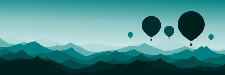 Fototapeta na wymiar hot air balloon at mountain landscape with forest silhouette vector flat design illustration good for wallpaper, background, backdrop, banner, print, and design template