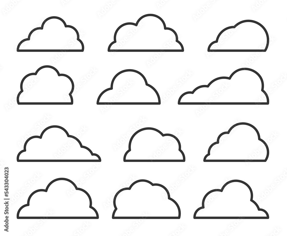 Poster clouds black thin line icon set. outline database, network, internet cloud storage sign. different s