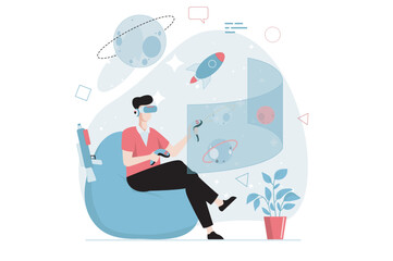 Virtual reality concept with people scene in flat design. Man in VR glasses learning and using controllers to interacting with space planets. Vector illustration with character situation for web