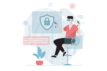 Virtual reality concept with people scene in flat design. Man in VR glasses learning and using controllers to interacting with protection system. Vector illustration with character situation for web