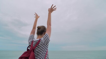 Happy woman waves arms on the sea shore and meets the arriving passenger airplane, airliner against the cloudy sky - back view, slow motion, wide angle view. Positive, cheering and meeting concept