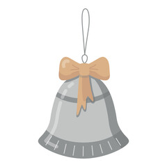 Christmas tree toy silver bell with a golden bow on a string. Vector New Year illustration.