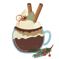 Glass mug with hot chocolate, cinnamon and Christmas cookies. Cute vector illustration.