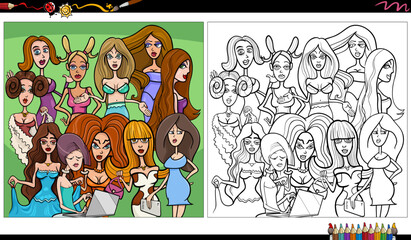 Naklejka premium funny comic girls and women characters group coloring page