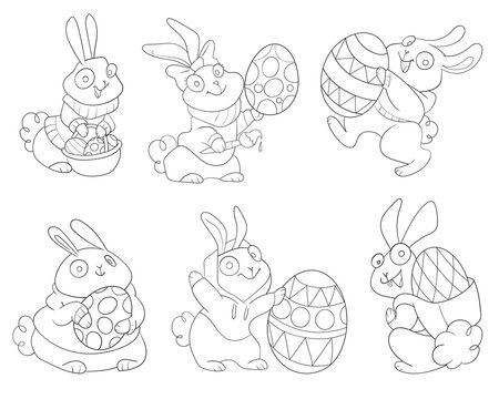 Cute Easter Bunny. Black and white cartoon characters. Funny vector illustration. Isolated on white background. Coloring book. Children set