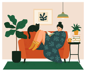 Young woman wrapped in a warm blanket sitting on a comfortable sofa and reading a book. Spending time at home, relaxing, resting, hobby. Vector illustration isolated on white background.