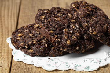 chocolate oatmeal cookies on wooden table