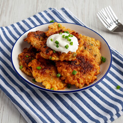 Homemade Fried Cheddar Corn Fritters on a Plate, low angle view.