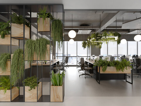 3d render of a contemporary offices space with plant systems between desks. A strong eco friendly use of materials with sustainable development design.