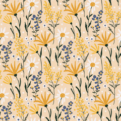 seamless pattern with delicate yellow small flowers, on a beige background.