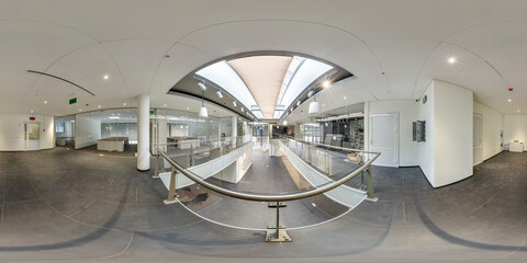 full seamless spherical hdri 360 panorama in interior of empty white room with repair for office or store with panoramic windows in equirectangular projection © hiv360