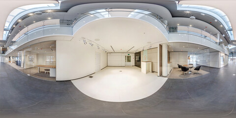 full seamless spherical hdri 360 panorama in interior of empty white room with repair for office or store with panoramic windows in equirectangular projection © hiv360