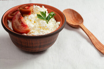 Cottage cheese in ceramic bowl