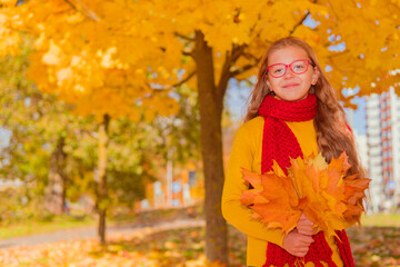 a teenage girl in a red scarf holds autumn leaves against the background of yellow autumn trees and smiles