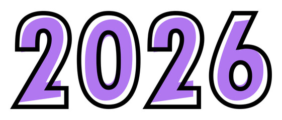 New Year 2026 design text with purple color and black outline