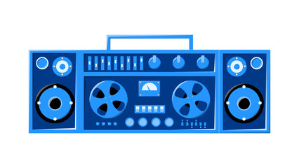 Fototapeta na wymiar Old retro blue vintage music cassette tape recorder with magnetic tape on reels and speakers from the 70s, 80s, 90s. Beautiful icon. Vector illustration