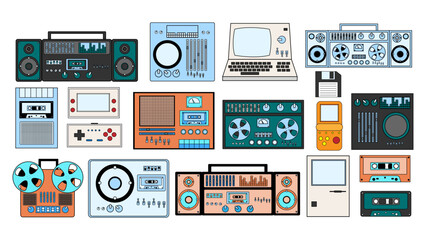 Set of old retro vintage hipster tech electronics: cassette audio tape recorder, computer, game consoles for video games from the 70s, 80s, 90s. Vector illustration