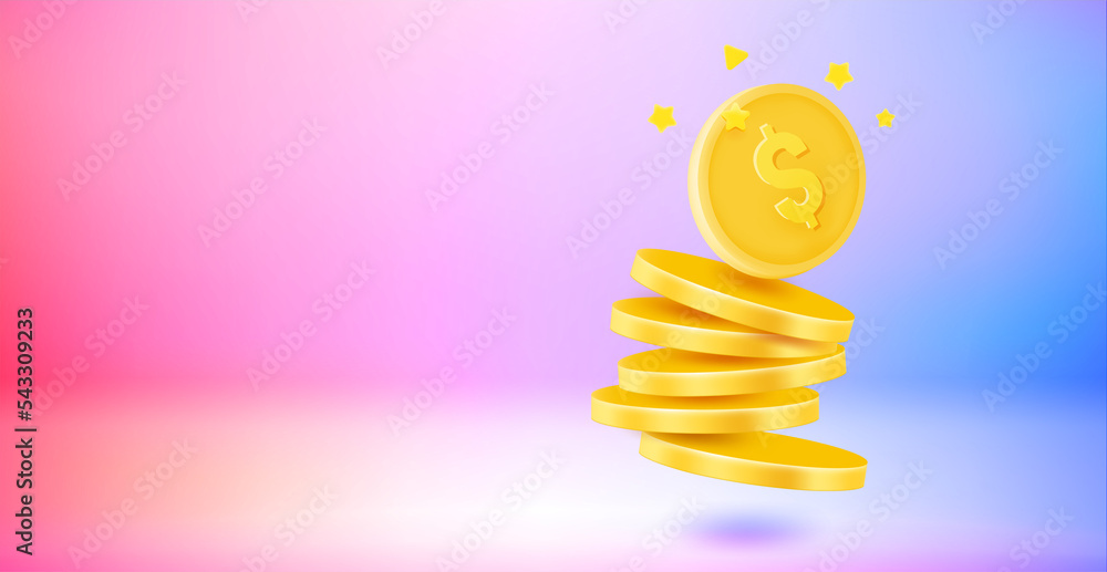 Poster golden coins stack. payment concept. 3d vector banner with copy space