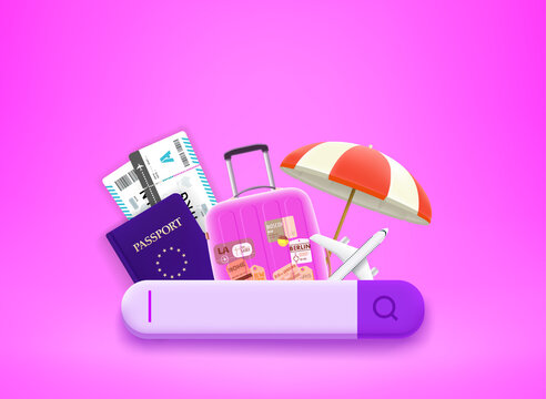 Searching for travel tour. Booking tickets online concept. 3d vector illustration