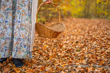 A woman in a dress with a pattern of plants and flowers goes harvesting along a path covered with leaves in autumn with a wicker basket with handle