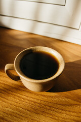 a cup of coffee on the parquet floor