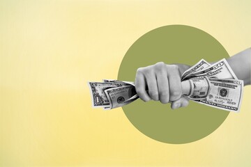 Arm rising dollar money on art background