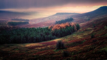Hathersage Moor at sunset on a stormy day in the Peak District National Park, UK