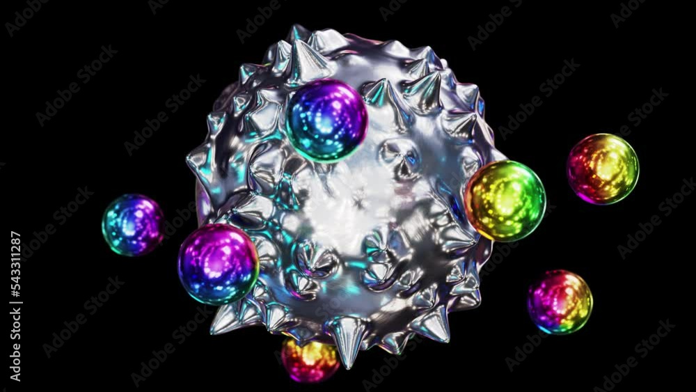 Aufkleber realistic looping 3d animation of the abstract morphing liquid silver metal spiky sphere with orbiti
