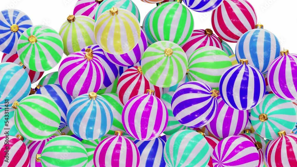 Poster realistic 3d animation of the colorful striped christmas baubles falling from the top filling up the