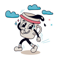 Retro cartoon espresso cup isolated on white background. Retro sticker with funny modern comic book character wearing white gloves. Doodle grunge vintage 1930s comic cartoon coffee cup. 
