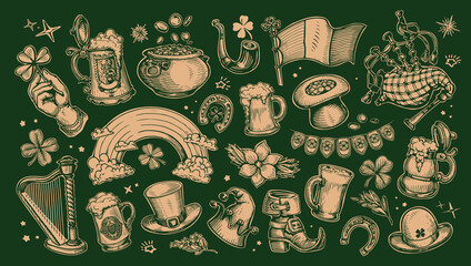 Set of St. Patricks Day symbols. Irish holiday concept. Collection vector illustrations drawn in retro style - obrazy, fototapety, plakaty