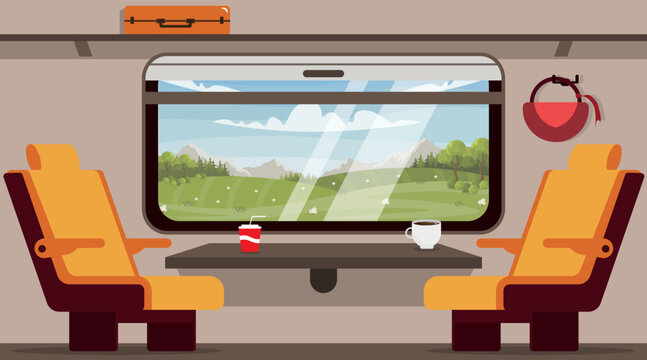 Vector illustration of modern interior train cabins. Cartoon interior with armchairs, hanging table with drinks, hanger for bag, shelves for suitcases and window overlooking the forest.