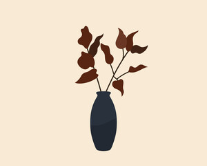 Brown leaves and branches in vase, flat design drawing
