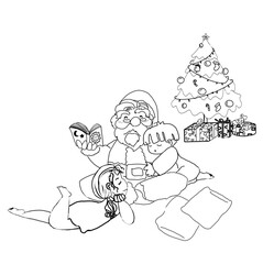 happy new year and merrry christmas.2023.Grandfather in Santa Claus costume is telling children a story.d merrry christmas.2023.illustration doodle on isolate background.