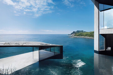 Modern architecture made of concrete on the sea. Marine minimalist landscape. House by the sea.