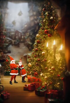 Santa's elves decorating Christmas tree. Xmas fantastic funny scene of decorated interior of the apartment. Colorful presents under the Christmas tree. Digital painting, illustration