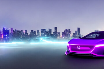 Futuristicc concept sport car in a metaverse city. Neon glowing. 3d