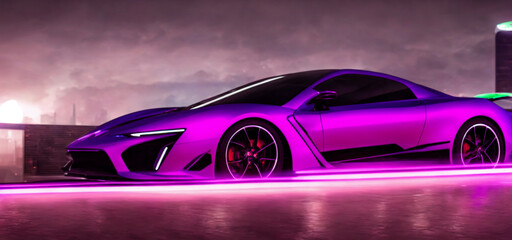 Futuristicc concept sport car in a metaverse city. Neon glowing. 3d