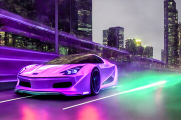 Futuristicc concept sport car in a metaverse city. Neon glowing. 3d
