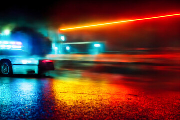 Night city lights, rain, bokeh, flares, reflections. 3d