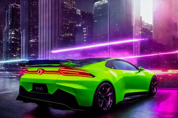 Obraz na płótnie Canvas Futuristicc concept sport car in a metaverse city. Neon glowing. 3d