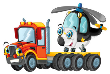 happy cartoon tow truck driver and helicopter illustration